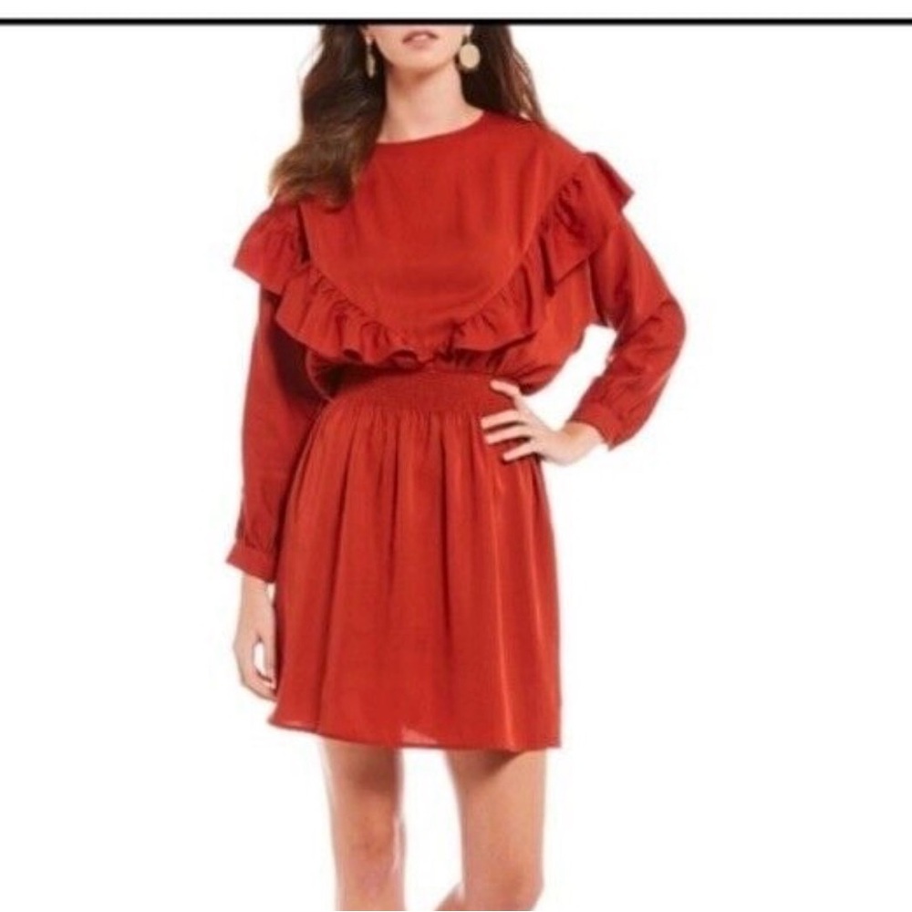 Gianni Bini Rust Red Long Sleeve Ruffle Waist Dress